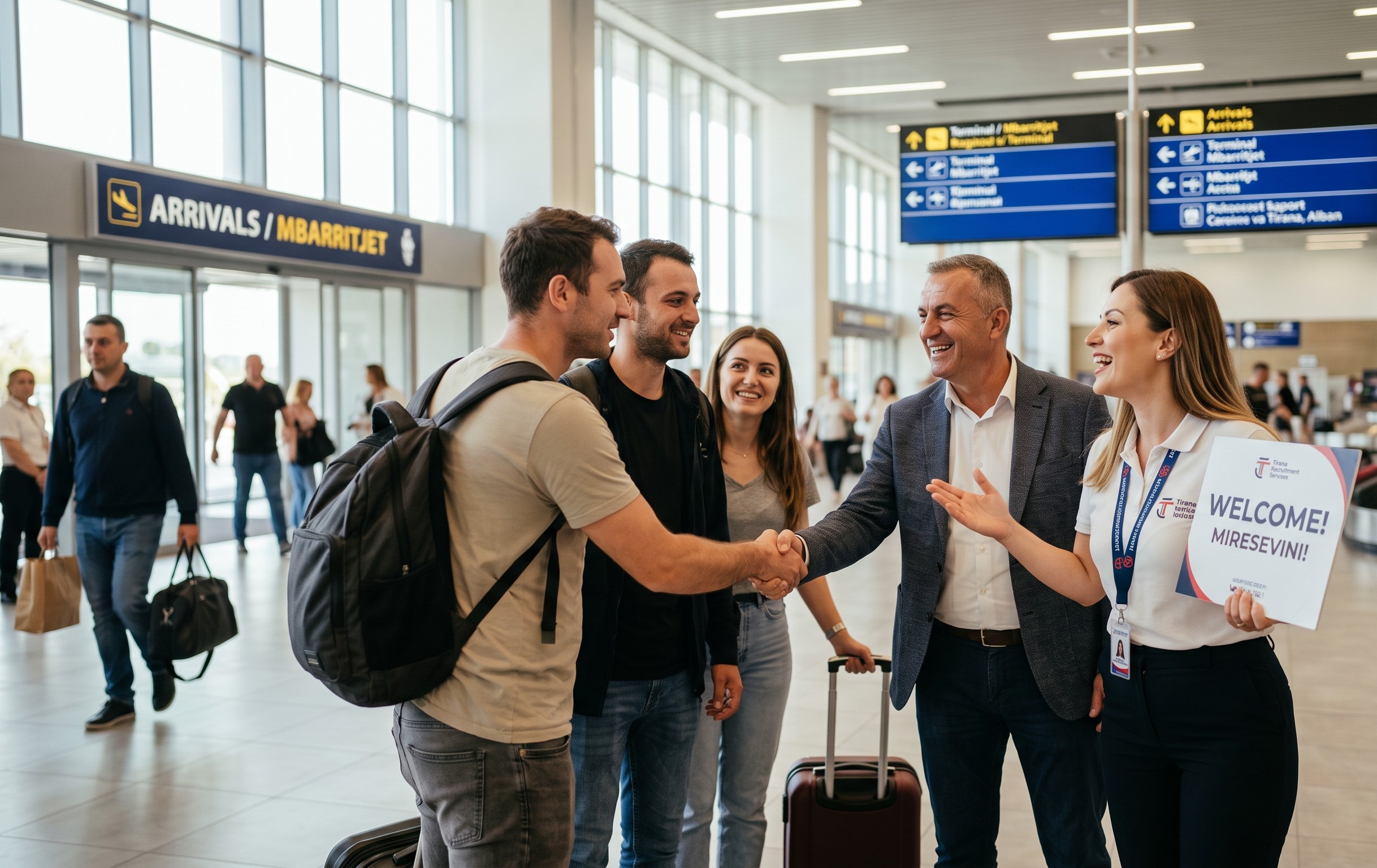 A male employer and a female agency representative holding a 'Miresevini!' (Welcome) sign are warmly greeting and shaking hands with two arriving international workers. Other passengers and airport staff are visible in the background, near large windows and an 'ARRIVALS / MBARITJET' sign