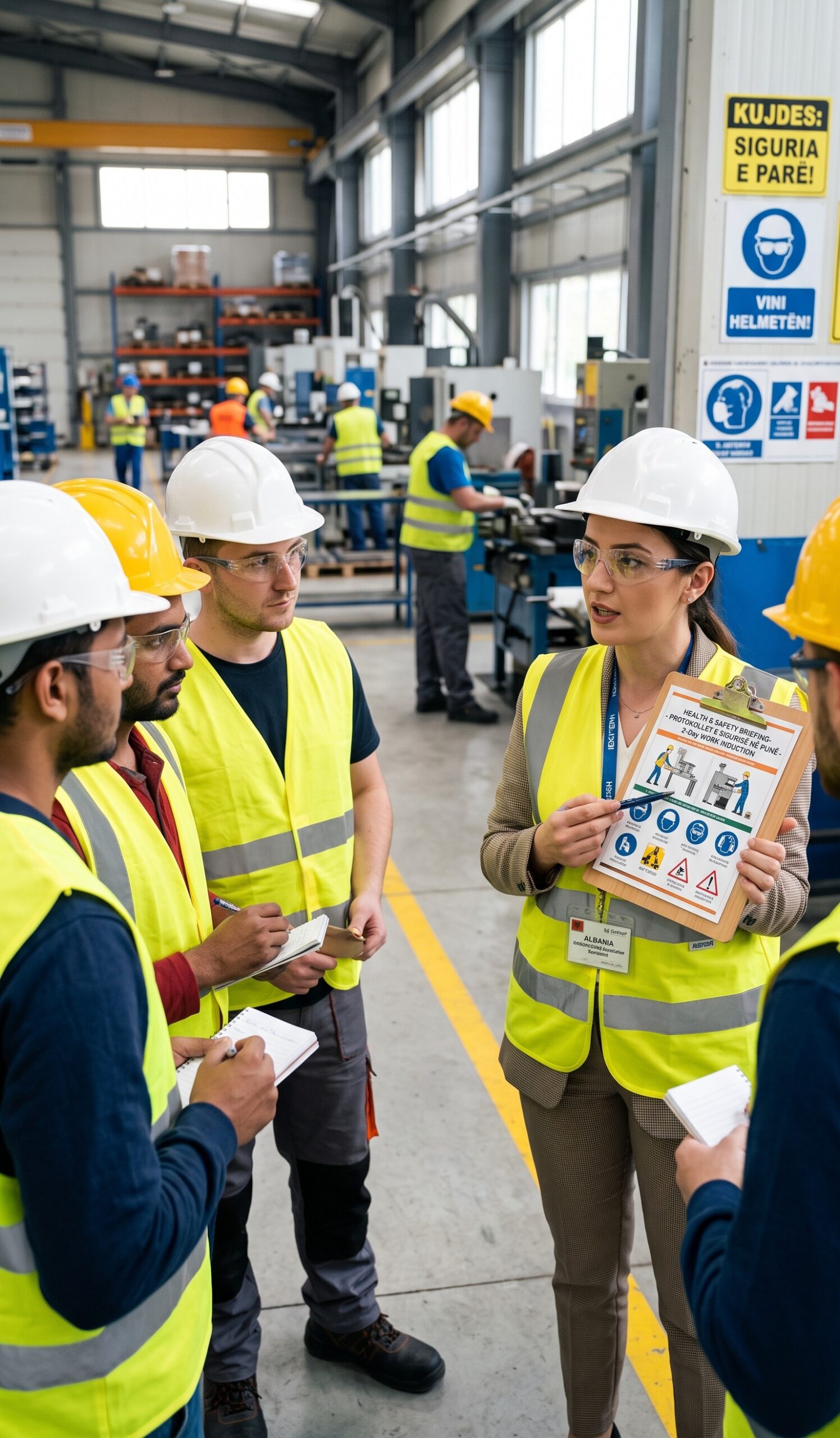 A professional female agency representative (wearing a hard hat and high-visibility vest) is holding a clipboard displaying clear, illustrated safety diagrams and conducting a 2-Day Workplace Induction and Health & Safety briefing for a group of three focused international workers. Industrial machinery and yellow safety floor lines are visible in the background.