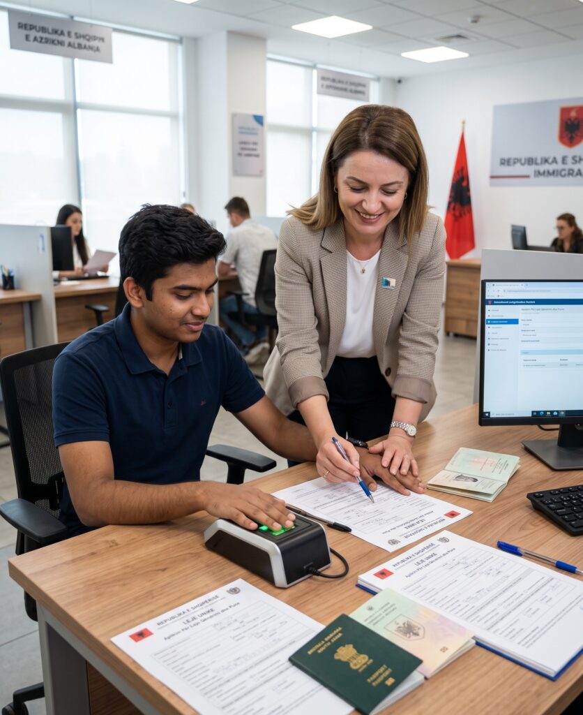 a close-up of supported document processing in an organized immigration office. A seated international worker is placing his fingers on a biometric scanner while a smiling female agency representative (translator) stands beside him, pointing a pen to an official complex Albanian form labeled 'REPUBLIKA E SHQIPËRISË' and 'LEJE UNIKE'.